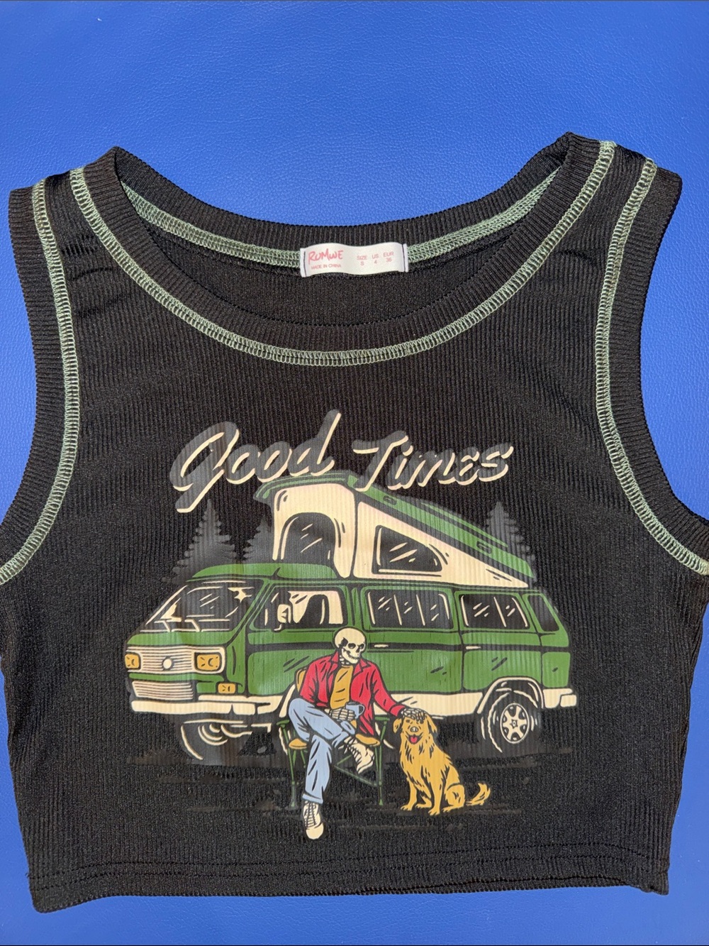 ROMWE Black Tank Top with Green Camper Graphic